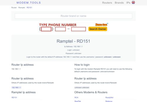 
                            7. Ramptel RD151 Default Router Login and Password - Modem.Tools
