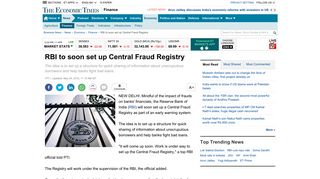 
                            10. RBI to soon set up Central Fraud Registry - The Economic Times