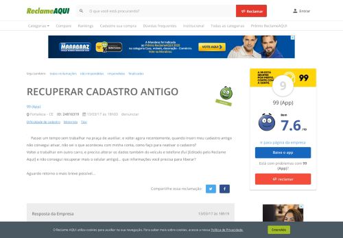 
                            11. Reclame Aqui - 99 (App) - RECUPERAR CADASTRO ANTIGO