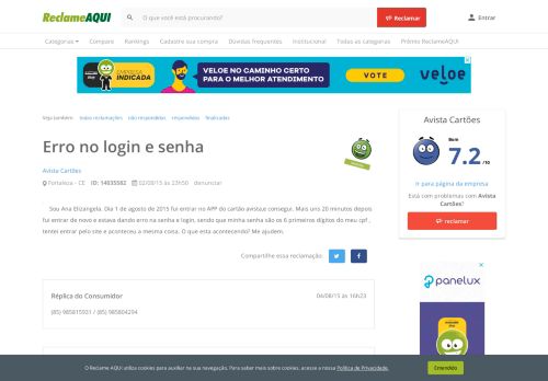 
                            4. Reclame Aqui - Avista Cartões - Erro no login e senha