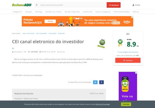 
                            10. Reclame Aqui - B3 - CEI canal eletronico do investidor