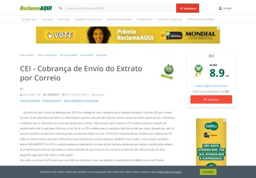 
                            12. Reclame Aqui - B3 - CEI - Cobrança de Envio do Extrato por Correio