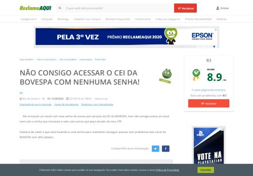 
                            11. Reclame Aqui - B3 - NÃO CONSIGO ACESSAR O CEI DA BOVESPA ...