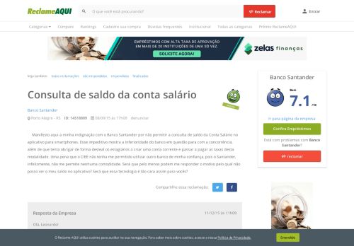 
                            6. Reclame Aqui - Banco Santander - Consulta de saldo da conta salário