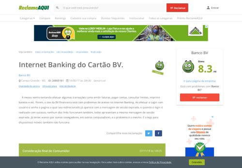 
                            8. Reclame Aqui - Banco Votorantim - Internet Banking do Cartão BV.