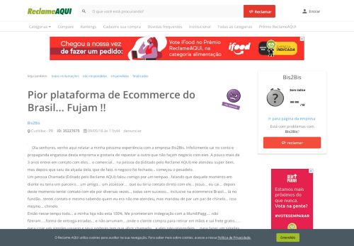 
                            9. Reclame Aqui - Bis2Bis - Pior plataforma de Ecommerce do Brasil ...