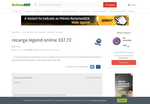 
                            11. Reclame Aqui - BoaCompra - recarga legend online 337,72