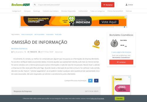 
                            6. Reclame Aqui - Bortoletto Cosméticos - OMISSÃO DE INFORMAÇÃO