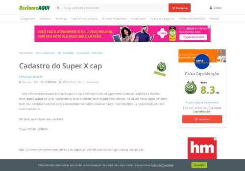 
                            10. Reclame Aqui - Caixa Capitalização - Cadastro do Super X cap