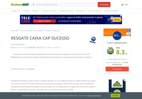 
                            8. Reclame Aqui - Caixa Capitalização - RESGATE CAIXA CAP SUCESSO