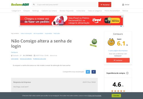 
                            7. Reclame Aqui - Centauro - Não Consigo altera a senha de login