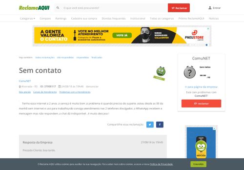 
                            12. Reclame Aqui - ComuNET - Sem contato