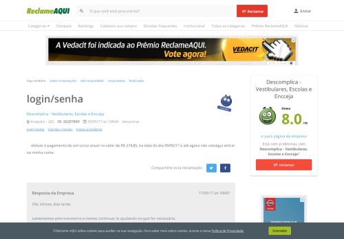 
                            5. Reclame Aqui - Descomplica - login/senha