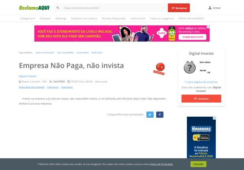 
                            3. Reclame Aqui - Digital Investe - Empresa Não Paga, não invista