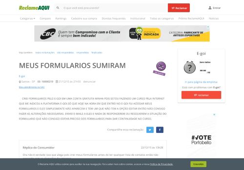 
                            13. Reclame Aqui - E-goi - MEUS FORMULARIOS SUMIRAM