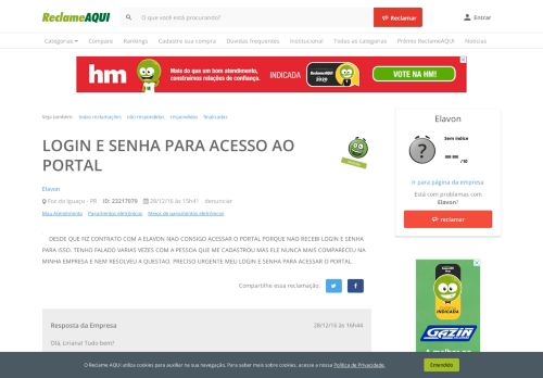 
                            7. Reclame Aqui - Elavon - LOGIN E SENHA PARA ACESSO AO PORTAL