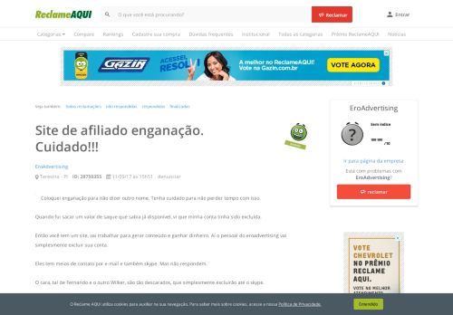 
                            8. Reclame Aqui - EroAdvertising - Site de afiliado enganação. Cuidado!!!