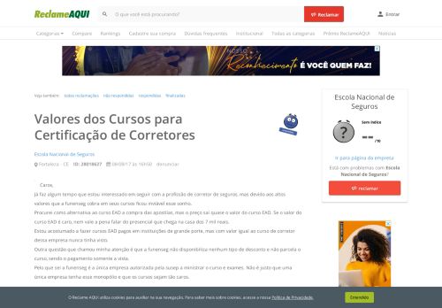 
                            7. Reclame Aqui - Escola Nacional de Seguros - Valores dos Cursos ...