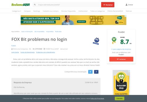 
                            10. Reclame Aqui - Foxbit - FOX Bit problemas no login