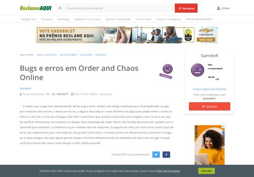 
                            8. Reclame Aqui - Gameloft - Bugs e erros em Order and Chaos Online