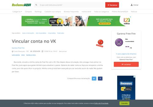 
                            9. Reclame Aqui - Garena Free Fire - Vincular conta no VK