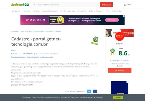 
                            8. Reclame Aqui - Getnet - Cadastro - portal.getnet-tecnologia.com.br
