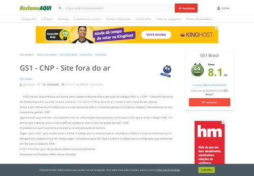
                            10. Reclame Aqui - GS1 Brasil - GS1 - CNP - Site fora do ar