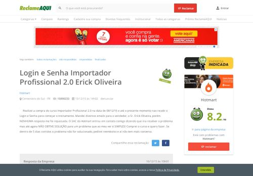 
                            2. Reclame Aqui - Hotmart - Login e Senha Importador Profissional 2.0 ...