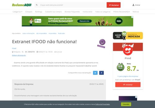 
                            4. Reclame Aqui - iFood - Extranet IFOOD não funciona!