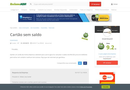 
                            10. Reclame Aqui - incenticard - Cartão sem saldo