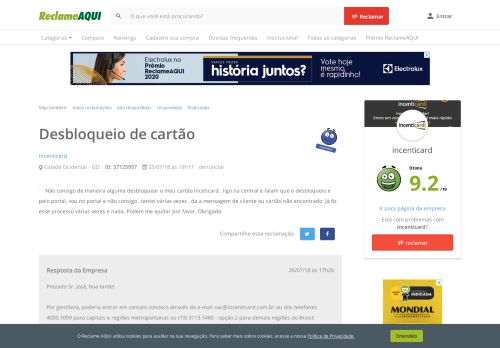 
                            7. Reclame Aqui - incenticard - Desbloqueio de cartão