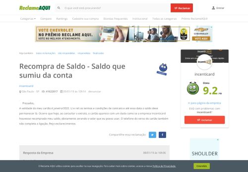 
                            11. Reclame Aqui - incenticard - Recompra de Saldo - Saldo que sumiu ...