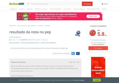 
                            6. Reclame Aqui - Instituto Embelleze - resultado da nota no pep