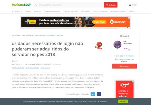 
                            9. Reclame Aqui - Konami - os dados necessários de login não puderam ...