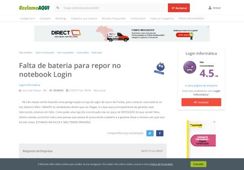 
                            9. Reclame Aqui - Login Informática - Falta de bateria para repor no ...