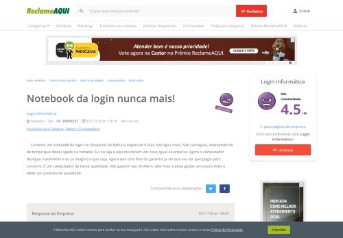 
                            4. Reclame Aqui - Login Informática - Notebook da login nunca mais!