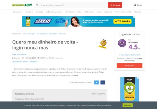 
                            11. Reclame Aqui - Login Informática - Quero meu dinheiro de volta ...