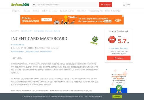 
                            8. Reclame Aqui - MasterCard Brasil - INCENTICARD MASTERCARD