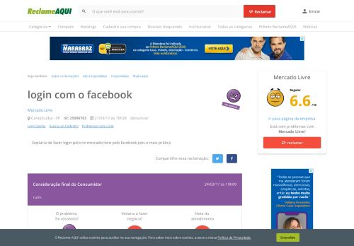 
                            5. Reclame Aqui - Mercado Livre - login com o facebook