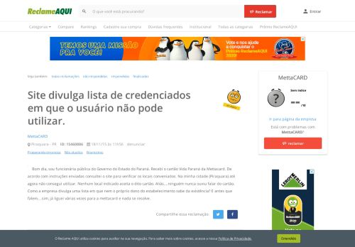 
                            9. Reclame Aqui - MettaCARD - Site divulga lista de credenciados em ...