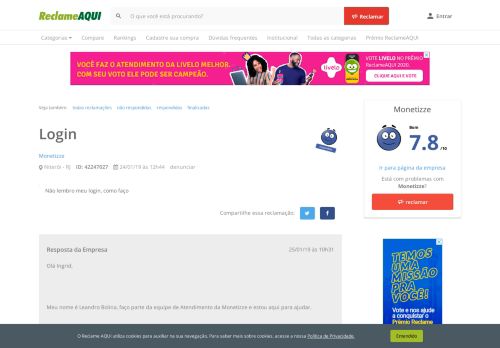 
                            7. Reclame Aqui - Monetizze - Login