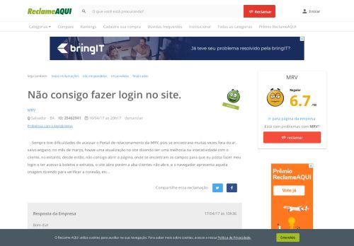 
                            10. Reclame Aqui - MRV Engenharia - Não consigo fazer login no site.