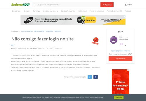 
                            8. Reclame Aqui - MTV - Não consigo fazer login no site