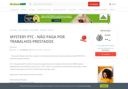 
                            9. Reclame Aqui - Mysteryptc - MYSTERY PTC - NÃO PAGA POR ...