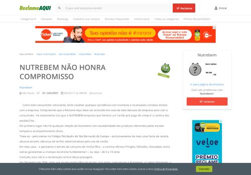 
                            8. Reclame Aqui - Nutrebem - NUTREBEM NÃO HONRA COMPROMISSO