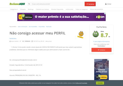 
                            9. Reclame Aqui - ParPerfeito - Não consigo acessar meu PERFIL