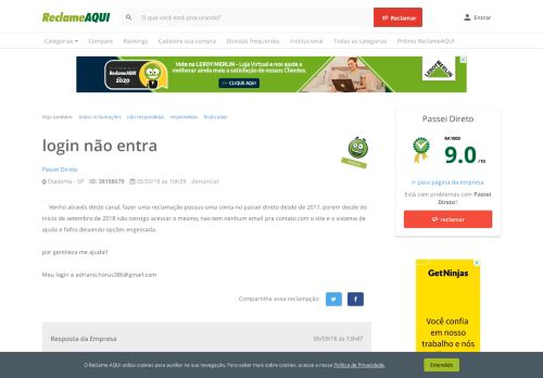 
                            8. Reclame Aqui - Passei Direto - login não entra