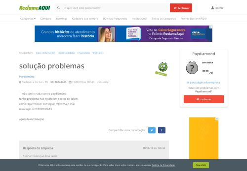 
                            4. Reclame Aqui - Paydiamond - solução problemas