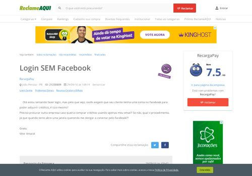 
                            8. Reclame Aqui - RecargaPay - Login SEM Facebook