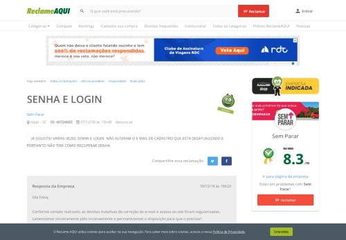 
                            11. Reclame Aqui - Sem Parar - SENHA E LOGIN